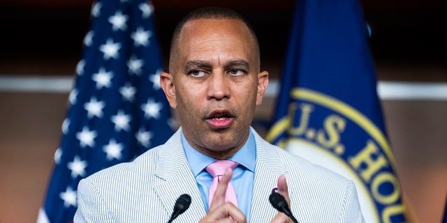 Rep. Hakeem Jeffries, D-N.Y., conducts a news conference after a meeting of the House Democratic Caucus in the Capitol Visitor Center on July 13, 2022.