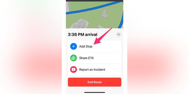 Instructions on how to click "Add Stop" in the Maps app.