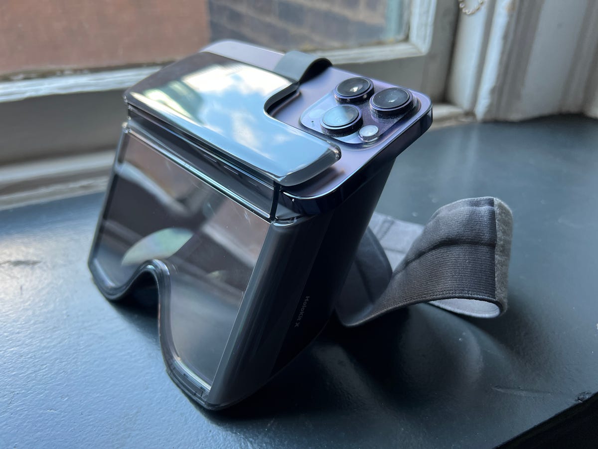 HoloKit X goggles with an iPhone 14 Pro inside