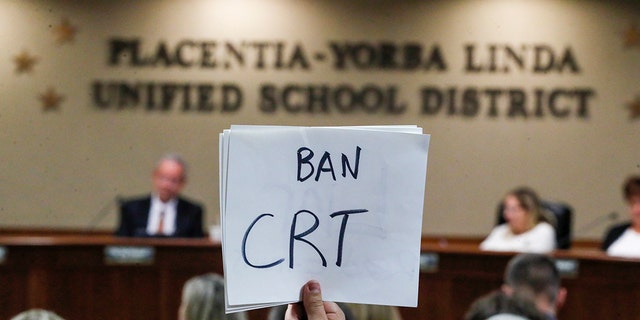 The Placentia Yorba Linda School Board in California discusses a proposed resolution to ban teaching critical race theory in schools, Nov. 16, 2021. 