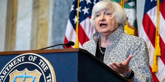 US Treasury Secretary Janet Yellen speaks on the state of the US economy during a press conference at the Department of Treasury in Washington, DC, July 28, 2022. - Yellen said Thursday it will be possible to bring down high inflation without triggering a big increase in joblessness. 