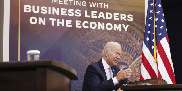 US President Joe Biden speaks in the Eisenhower Executive Office Building in Washington, D.C., US, on Thursday, July 28, 2022. The drumbeat of recession grew louder after the US economy shrank for a second straight quarter, as decades-high inflation undercut consumer spending and Federal Reserve interest-rate hikes stymied businesses and housing. 