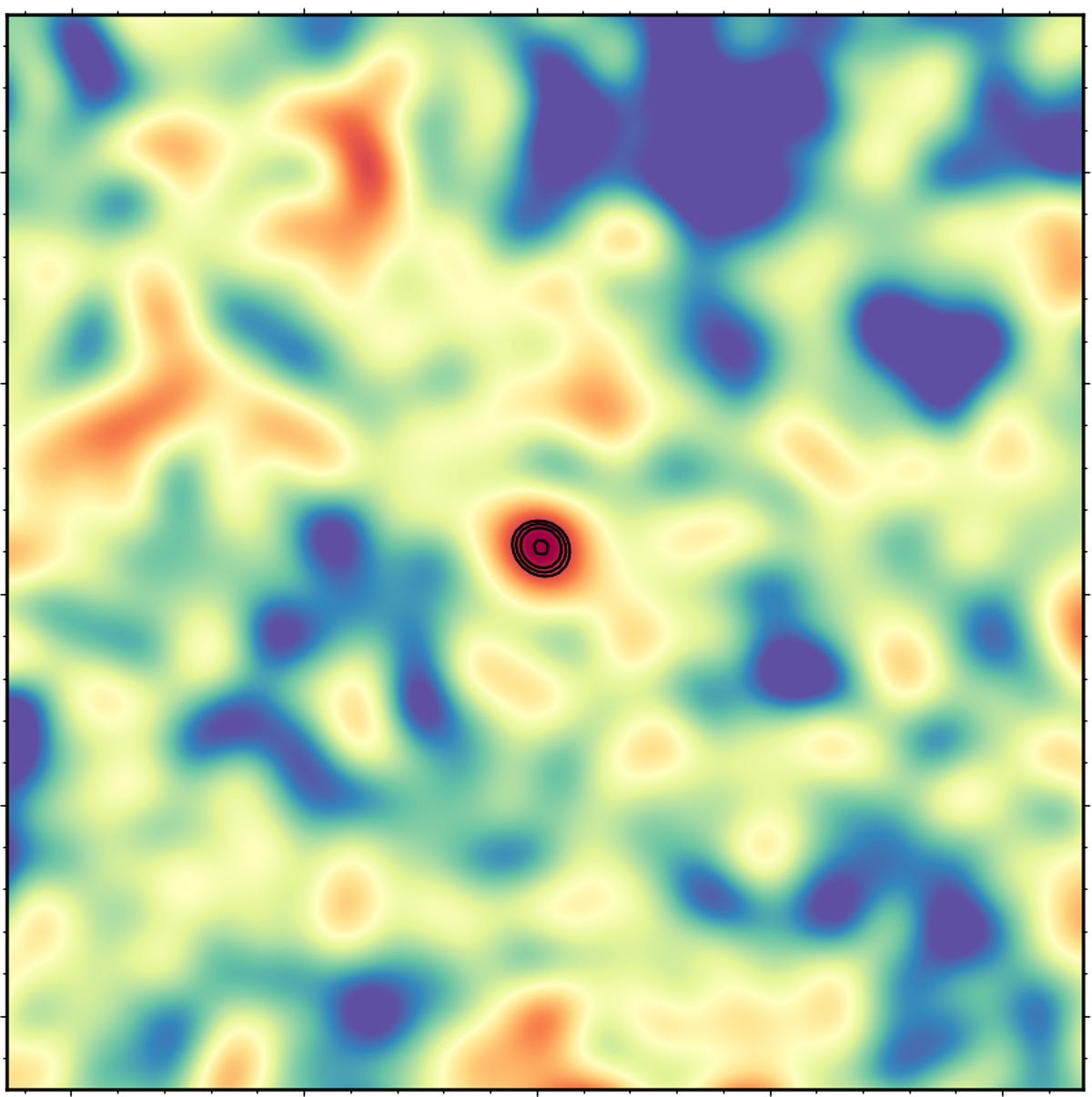 An image of the radio signal looks like a red splotch on a colorful, blurry background of other splotches.