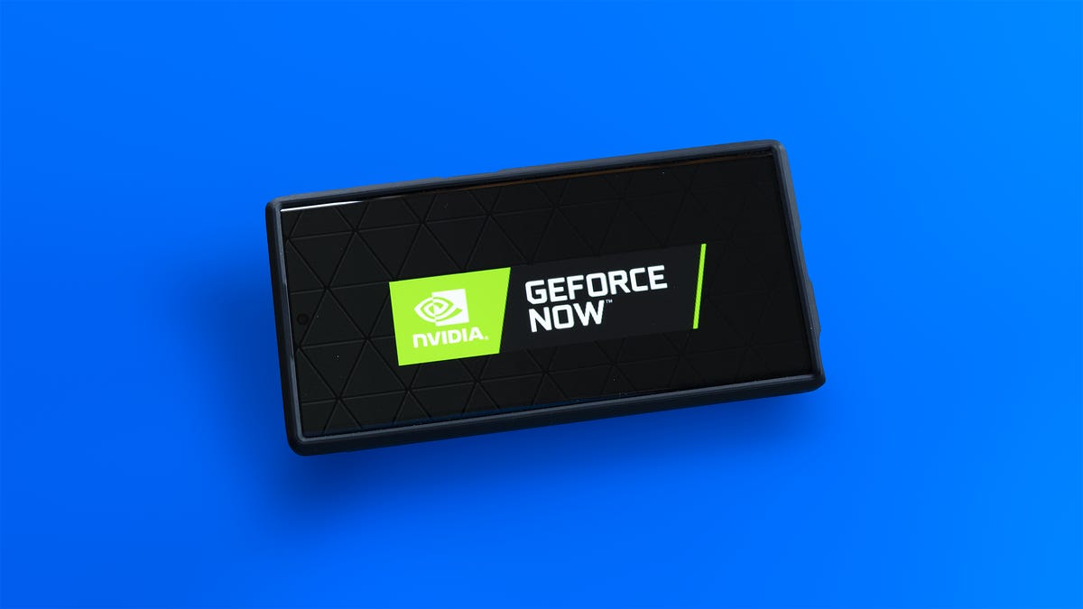 Nvidia GeForce Now logo on the screen of a Samsung Galaxy S22 Ultra phone