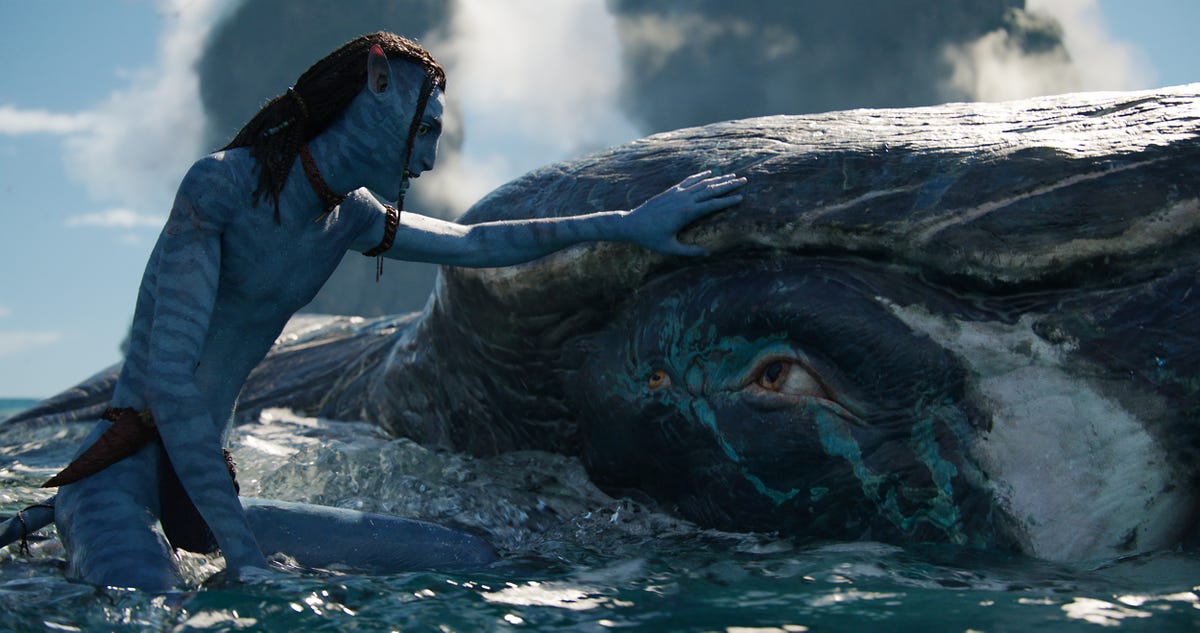 Lo'ak pets the whale-like Payakan while sitting on his fin in Avatar: The Way of Water