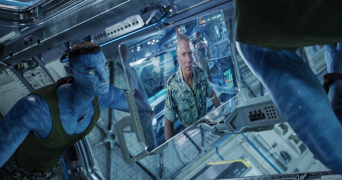 Colonel Miles Quaritch's Na'vi clone watches a video message from his human self in Avatar: The Way of Water