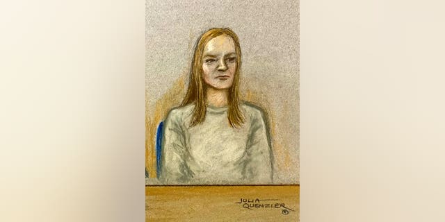 A court sketch shows Lucy Letby appearing at Warrington Magistrates Court via videolink Nov. 12, 2020.