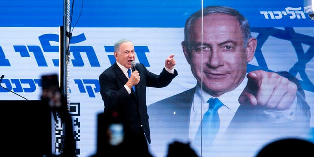 Benjamin Netanyahu speaks to supporters during a campign event on Oct. 29 in Bnei Brak, Israel. 
