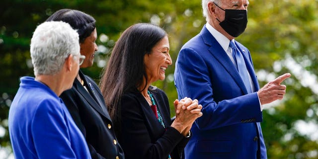President Biden is pictured at a climate event with Interior Secretary Deb Haaland, Brenda Mallory, the chair of the council on environmental quality, and former White House climate adviser Gina McCarthy on Oct. 8, 2021.