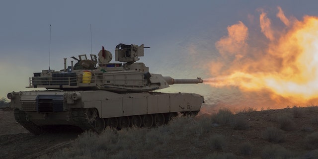 M1A2 Abrams Tanks from A Company, 2-116th Cavalry Brigade Combat Team (CBCT), Idaho Army National Guard run through field exercises on Orchard Combat Training Center.