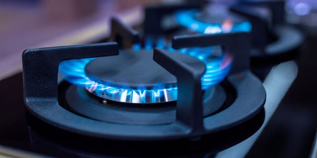 A stock image of a kitchen stove with blue flames burning.