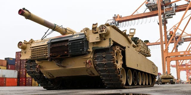 A M1A2 Abrams battle tank of the US army that will be used for military exercises by the 2nd Armored Brigade Combat Team, is pictured at the Baltic Container Terminal in Gdynia on Dec. 3, 2022. 