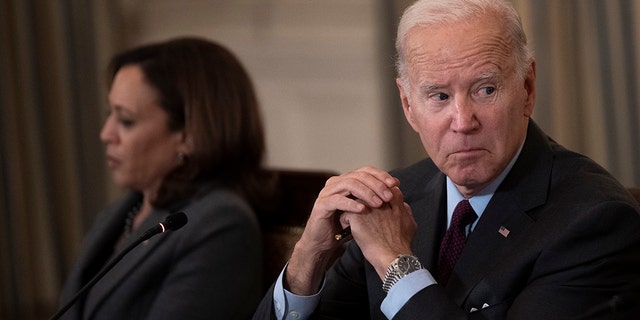 Vice President Kamala Harris and President Biden attend a meeting of the Task Force on Reproductive Healthcare Access in the State Dining Room of the White House Oct. 4, 2022, in Washington, D.C. 