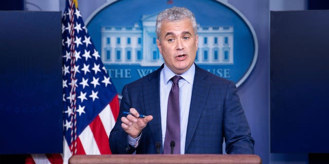 Jeff Zients, the then White House COVID-19 response czar, speaks during a press briefing at the White House where he spoke about a pause in issuing the Johnson &amp; Johnson Janssen COVID-19 vaccine on April 13, 2021, in Washington, D.C.