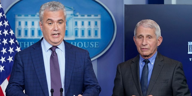 White House COVID-19 Response Coordinator Jeff Zients, left, speaks alongside Dr. Anthony Fauci, director of the National Institute of Allergy and Infectious Diseases, during a press briefing at the White House, Tuesday, April 13, 2021, in Washington.