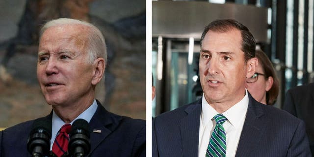 Photo collage of President Joe Biden and U.S. Attorney John Lausch side by side respectively. (Photo by Drew Angerer/Getty Images and Mustafa Hussain/Getty Images)