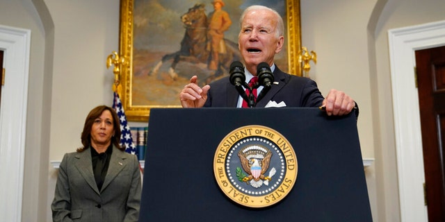 President Joe Biden speaks about border security in the Roosevelt Room of the White House, Thursday, Jan. 5, 2023, in Washington. Vice President Kamala Harris stands at left. 