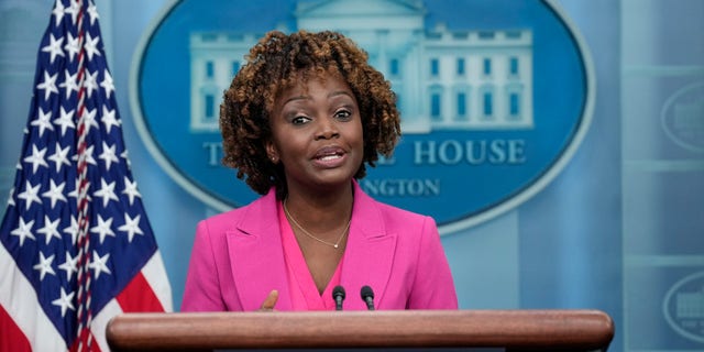 White House press secretary Karine Jean-Pierre speaks during the daily press briefing at the White House Jan. 6, 2023, in Washington, D.C.