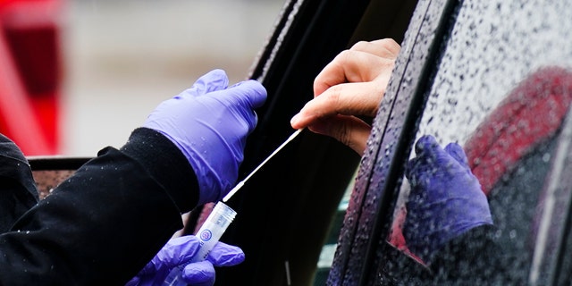 A driver places a swab into a vial at a free drive-thru COVID-19 testing site in the parking lot of the Mercy Fitzgerald Hospital in Darby, Pennsylvania. 