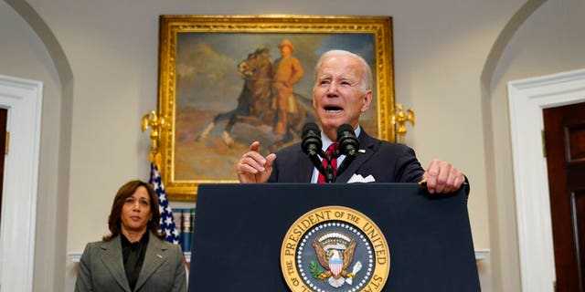President Biden speaks about border security in the Roosevelt Room of the White House Thursday, Jan. 5, 2023, in Washington. Vice President Kamala Harris stands at left.  