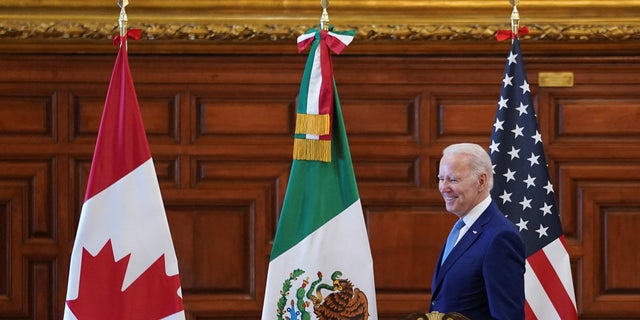 U.S. President Joe Biden attends a meeting with Mexican President Andres Manuel Lopez Obrador and Canadian Prime Minister Justin Trudeau at the North American Leaders' Summit in Mexico City, Mexico, January 10, 2023. 