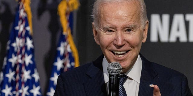  U.S. President Joe Biden speaks to supporters at the National Action Network's Annual Martin Luther King Day Breakfast on January 16, 2023 in Washington, DC.