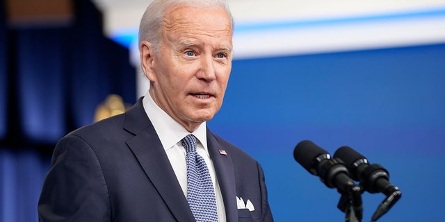 FILE - President Joe Biden in the South Court Auditorium in the Eisenhower Executive Office Building on the White House Campus, Thursday, Jan. 12, 2023, in Washington. 