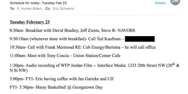 Hunter Biden's Feb. 23, 2016 schedule from Mayer shows a meeting with Zients, David Bradley and Steve Ricchetti.