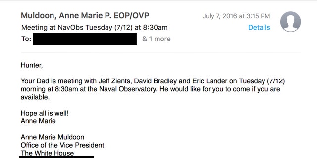 Former President Biden aide Anne Marie Muldoon invites Hunter Biden to a meeting with his father, Zients, Bradley and Lander in July 2016.