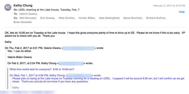 Vice President Biden's executive assistant Kathy Chung sent an email in February 2017, shortly after the Obama administration concluded, saying Biden asked her to check in with them about the University of Delaware meeting.