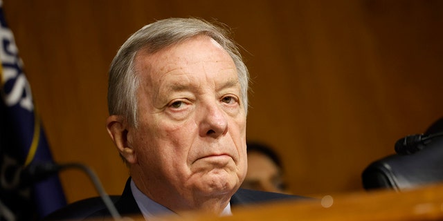 Senator Dick Durbin, a Democrat from Illinois and chairman of the Senate Judiciary Committee, during a hearing in Washington, D.C., US, on Tuesday, July 12, 2022. The hearing is titled "A Post-Roe America: The Legal Consequences of the Dobbs Decision." 