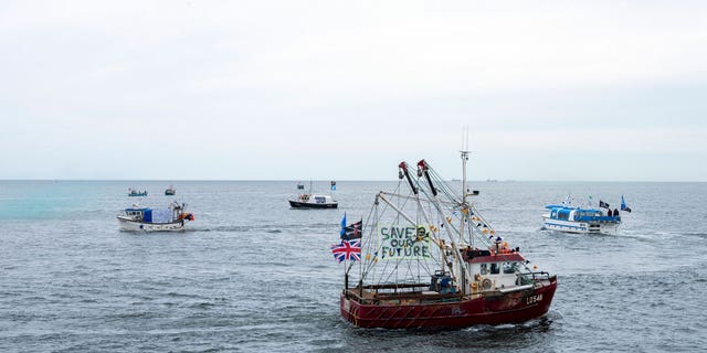 Fishermen protesting about pollution of the North Sea on May 19, 2022 at South Gare near Redcar, United Kingdom.