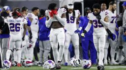 Jan 2, 2023; Cincinnati, Ohio, USA; Buffalo Bills defensive end Shaq Lawson (90) reacts to the injury of safety Damar Hamlin (not pictured) during the first quarter against the Cincinnati Bengals at Paycor Stadium. Mandatory Credit: Joseph Maiorana-USA TODAY Sports