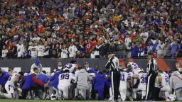 CINCINNATI, OHIO - JANUARY 02: Buffalo Bills players huddle after teammate Damar Hamlin #3 collapsed following a tackle against the Cincinnati Bengals during the first quarter at Paycor Stadium on January 02, 2023 in Cincinnati, Ohio. (Photo by Kirk Irwin/Getty Images)