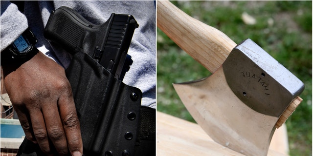 (L) Concealed carry permit hold (R) Axe chopping wood