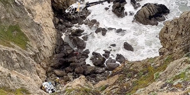 A white Tesla is seen off the 'Devil's Slide' cliff in California after the driver intentionally drove off the cliff, authorities said.