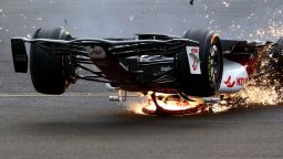 NORTHAMPTON, ENGLAND - JULY 03: Zhou Guanyu of China driving the (24) Alfa Romeo F1 C42 Ferrari crashes at the start during the F1 Grand Prix of Great Britain at Silverstone on July 03, 2022 in Northampton, England. (Photo by Mark Thompson/Getty Images)