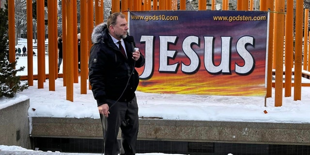 Pastor Artur Pawlowski preaches in downtown Calgary, Alberta.