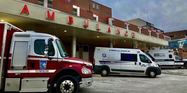 Ambulances outside University of Maryland St. Joseph Medical Center in Towson, Maryland, on Jan. 7, 2022.