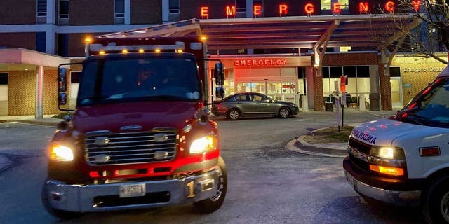 Ambulances outside University of Maryland St. Joseph Medical Center in Towson, Maryland, on Jan. 7, 2022.