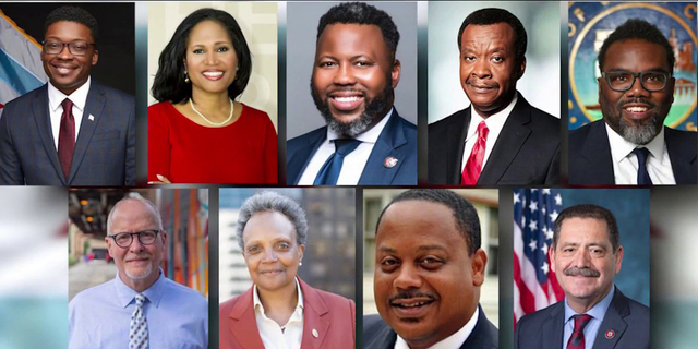 Candidates for Chicago Mayor in 2023: Ja'Mal Green, 4th ward city council member Sophia King, state Rep. Kam Buckner, Willie Wilson, teachers union organizer Brandon Johnson, former public schools CEO Paul Vallas, Mayor Lightfoot, 6th ward council member Roderick Sawyer, and Congressman Jesus "Chuy" Garcia.