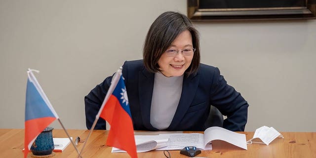 Taiwan's President Tsai Ing-wen speaks with the Czech Republic's President-elect Petr Pavel through the phone in Taipei, Taiwan, on Jan. 30, 2023. 