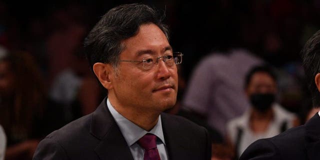 Ambassador Qin Gang watches the game between the Chicago Sky and the New York Liberty on July 23, 2022, at the Barclays Center in Brooklyn, New York.