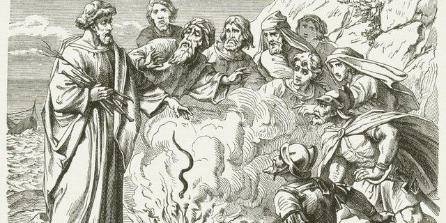 The apostle Paul shakes a viper off of his arm into the fire, as recounted in Acts 28.