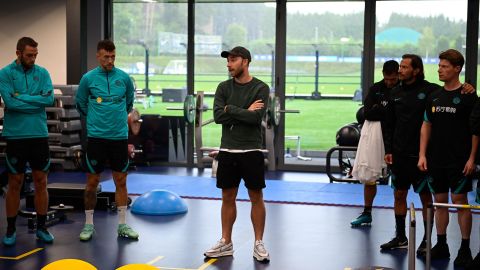 Eriksen with his Inter team-mates and backroom staff members at Appiano Gentile in August, 2021.