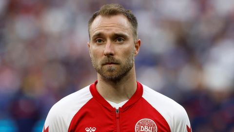 Eriksen lines up before a Denmark match.