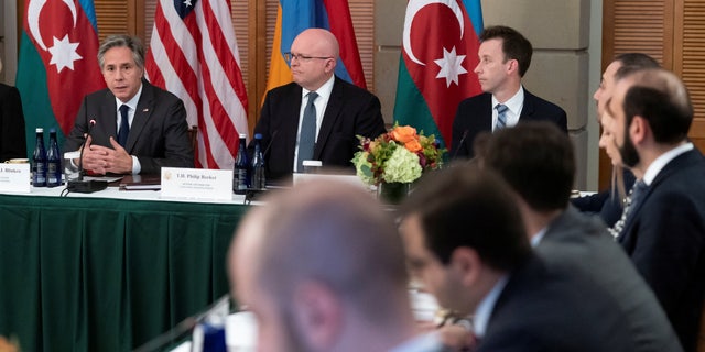 Secretary of State Antony Blinken, top left, speaks during a meeting with Azerbaijan’s Foreign Minister Jeyhun Aziz oglu Bayramov, and Armenia's Foreign Minister Ararat Mirzoyan at Blair House, Monday, Nov. 7, 2022, in Washington.