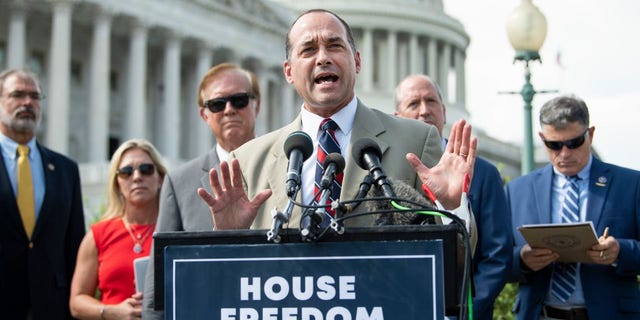 Rep. Bob Good, R-Va., speaks during a House Freedom Caucus (HFC) news conference on Monday, Aug. 23, 2021. Members of the HFC are opposing Kevin McCarthy for House speaker. Appearing from left are, Reps. Andy Harris, R-Md., Marjorie Taylor Greene, R-Ga., Randy Weber, R-Texas, Dan Bishop, R-N.C., and Andrew Clyde, R-Ga. 