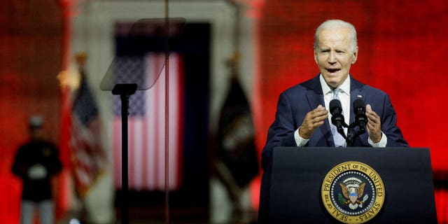 U.S. President Joe Biden delivers remarks in front of Independence Hall at Independence National Historical Park, Philadelphia, U.S., September 1, 2022.