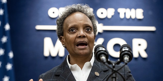 Lori Lightfoot, mayor of Chicago, speaks during a news conference in Chicago, Illinois. (Christopher Dilts/Bloomberg via Getty Images)